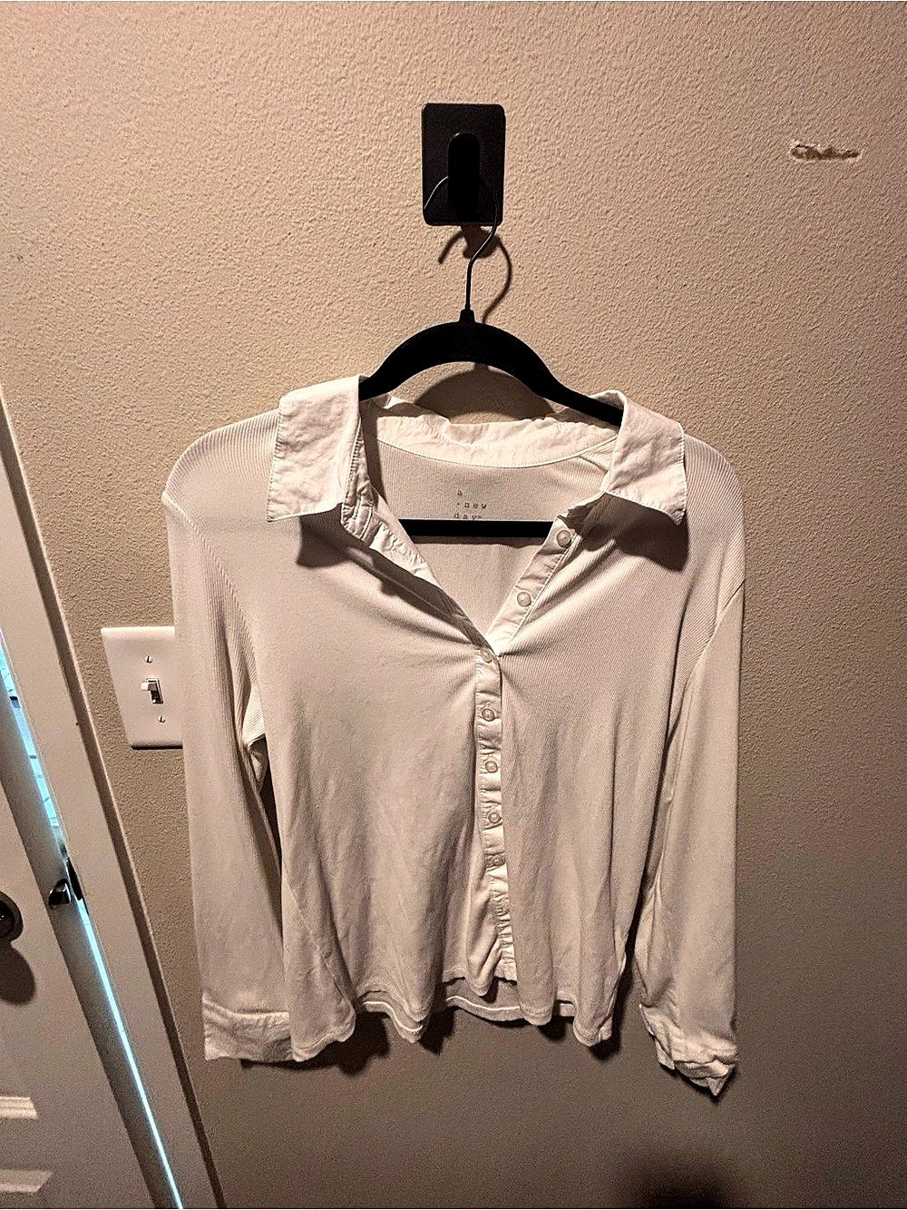 A New Day Ribbed Collared Button-Up Top White